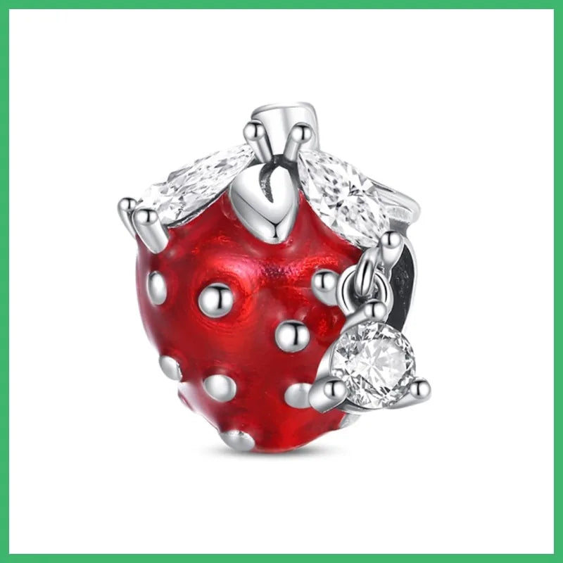 925 Sterling Silver Strawberries, Charms Pendant with Cubic Zirconia,Fit DIY bracelet necklace Gift for Her,Colgante Plata