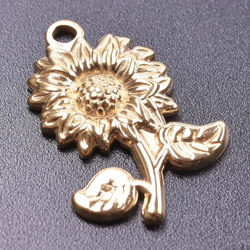 5pcs/Lot 18k Real Gold Plated Rose Lotus Bulk Charms For Jewelry Making Supplies DIY Sunflower Pendants Stainless Steel Charm