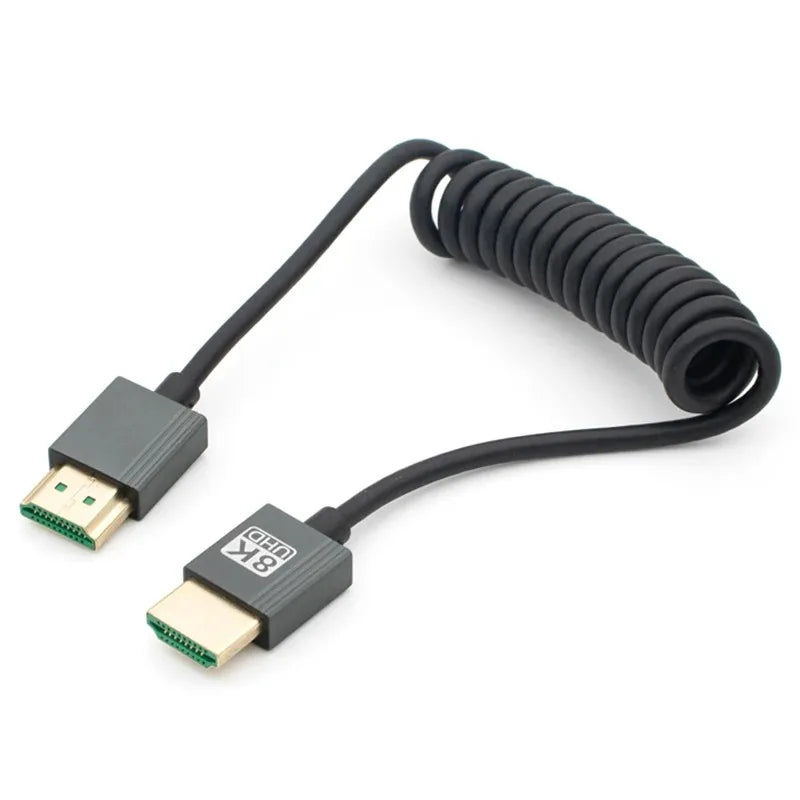 1M Portable 8K UHD Coiled Cable Mini/Micro HDMI-compatible Stretch Spring Cord for PC Laptop Tablet Camera DV Monitor HDTV