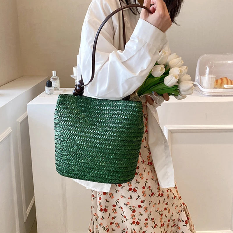 Casual Straw Woven Shoulder Bags For Women Wicker Handbags Handmade Summer Beach Bag Female Travel Large Capacity Rattan Totes