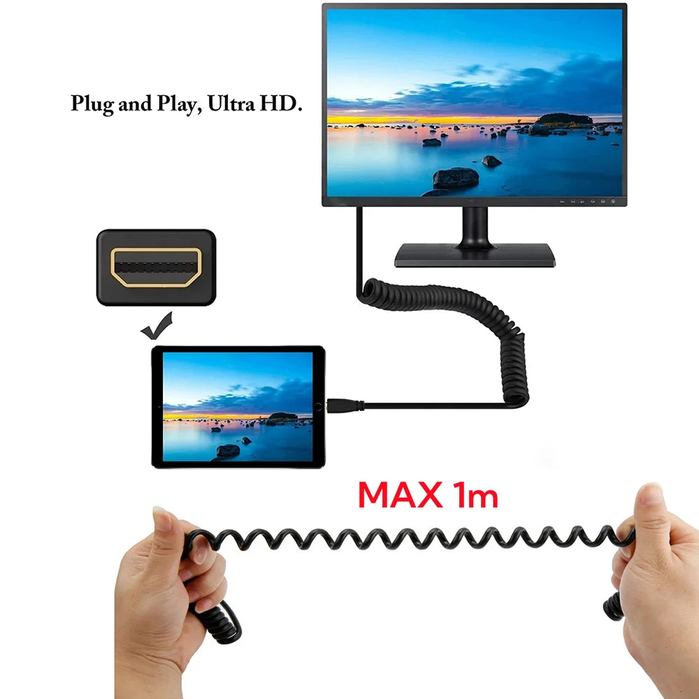 1M Portable 8K UHD Coiled Cable Mini/Micro HDMI-compatible Stretch Spring Cord for PC Laptop Tablet Camera DV Monitor HDTV