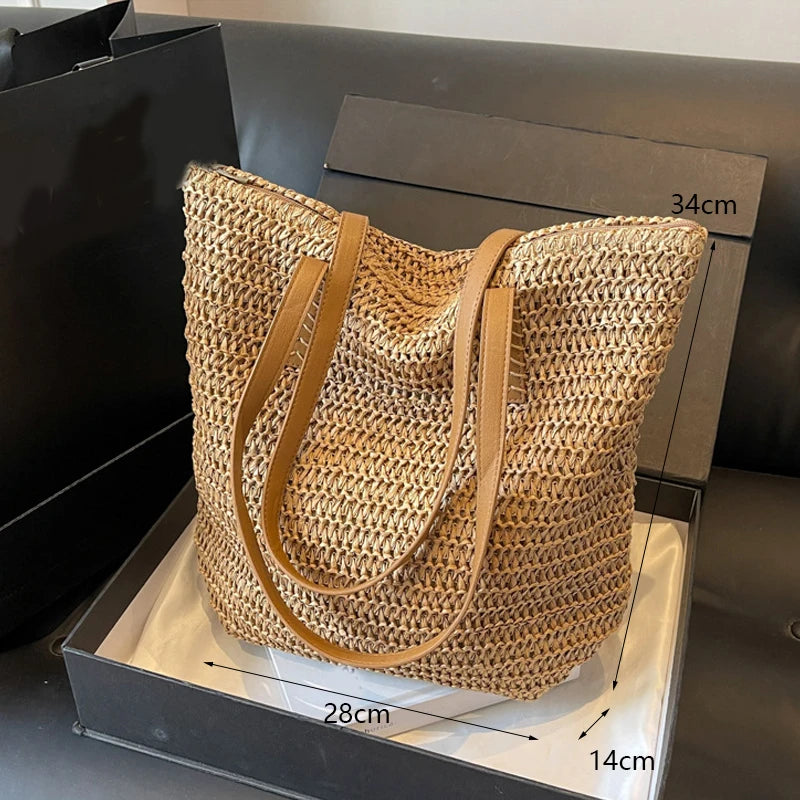 Casual Straw Woven Shoulder Bags For Women Wicker Handbags Handmade Summer Beach Bag Female Travel Large Capacity Rattan Totes