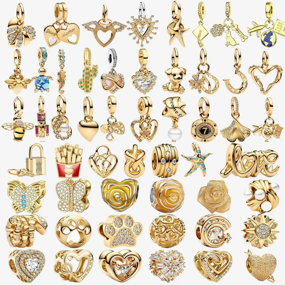 925 Sterling Silver Gold Heart Plated Dangle Charm for Original Bracelet Beads Jewelry DIY Birthday Gift for Women plata de ley