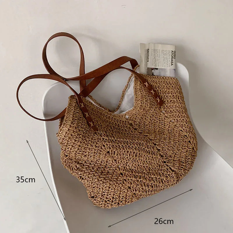 Casual Straw Woven Shoulder Bags For Women Wicker Handbags Handmade Summer Beach Bag Female Travel Large Capacity Rattan Totes