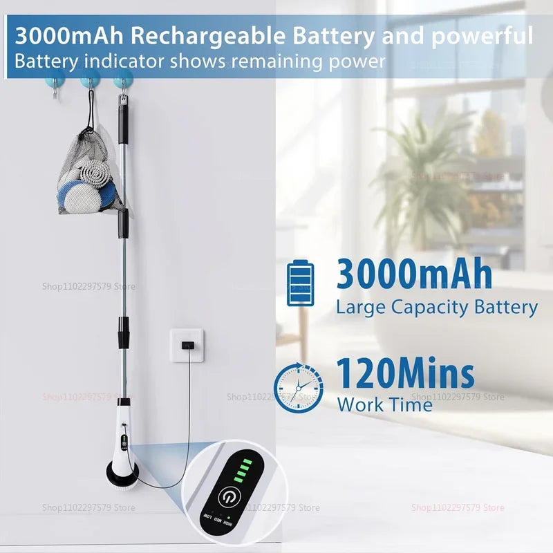 9 in 1 Electric Spin Scrubber Cordless Cleaning Brush Shower Scrubber Adjustable Extension Handle Waterproof For Tub Tile Floor