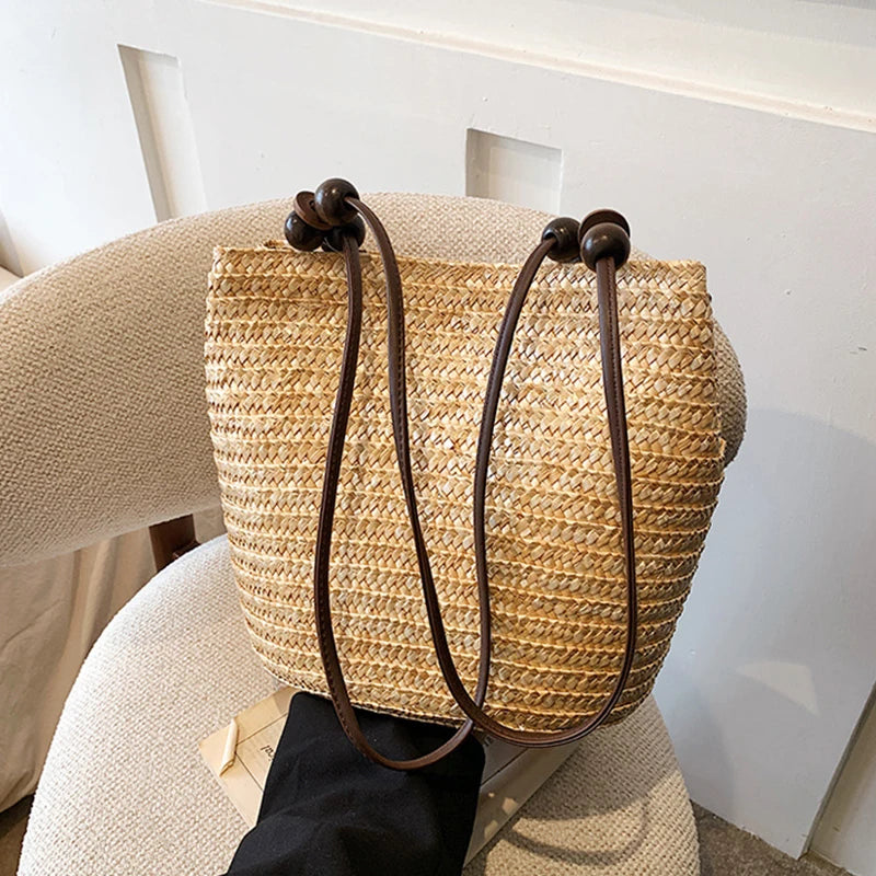 Casual Straw Woven Shoulder Bags For Women Wicker Handbags Handmade Summer Beach Bag Female Travel Large Capacity Rattan Totes