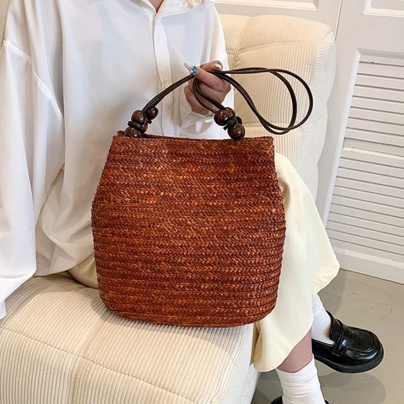 Casual Straw Woven Shoulder Bags For Women Wicker Handbags Handmade Summer Beach Bag Female Travel Large Capacity Rattan Totes