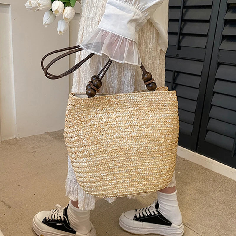 Casual Straw Woven Shoulder Bags For Women Wicker Handbags Handmade Summer Beach Bag Female Travel Large Capacity Rattan Totes