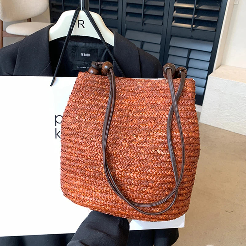 Casual Straw Woven Shoulder Bags For Women Wicker Handbags Handmade Summer Beach Bag Female Travel Large Capacity Rattan Totes