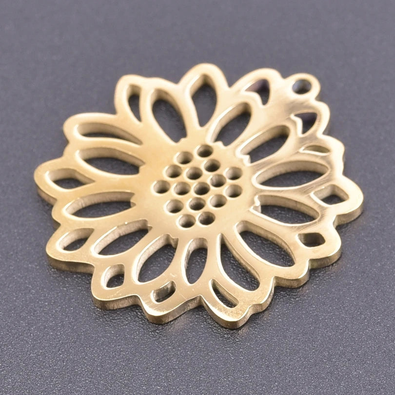 5pcs/Lot 18k Real Gold Plated Rose Lotus Bulk Charms For Jewelry Making Supplies DIY Sunflower Pendants Stainless Steel Charm