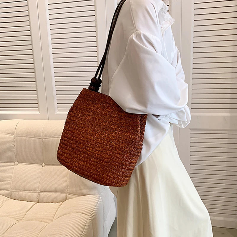 Casual Straw Woven Shoulder Bags For Women Wicker Handbags Handmade Summer Beach Bag Female Travel Large Capacity Rattan Totes