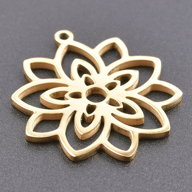 5pcs/Lot 18k Real Gold Plated Rose Lotus Bulk Charms For Jewelry Making Supplies DIY Sunflower Pendants Stainless Steel Charm