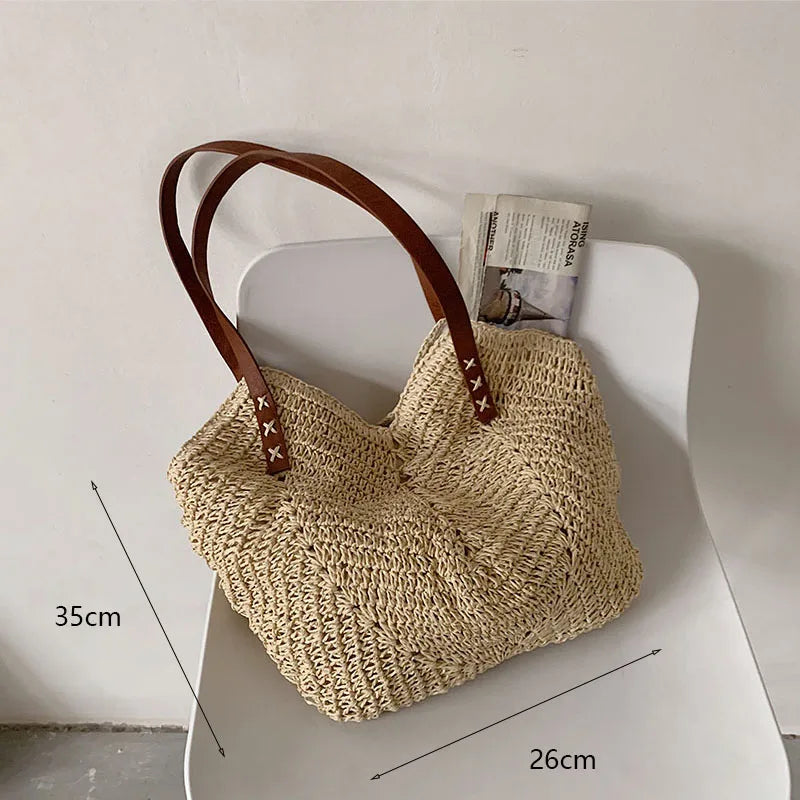 Casual Straw Woven Shoulder Bags For Women Wicker Handbags Handmade Summer Beach Bag Female Travel Large Capacity Rattan Totes