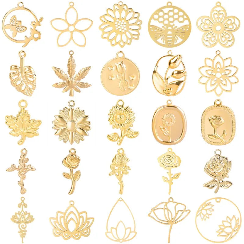 5pcs/Lot 18k Real Gold Plated Rose Lotus Bulk Charms For Jewelry Making Supplies DIY Sunflower Pendants Stainless Steel Charm