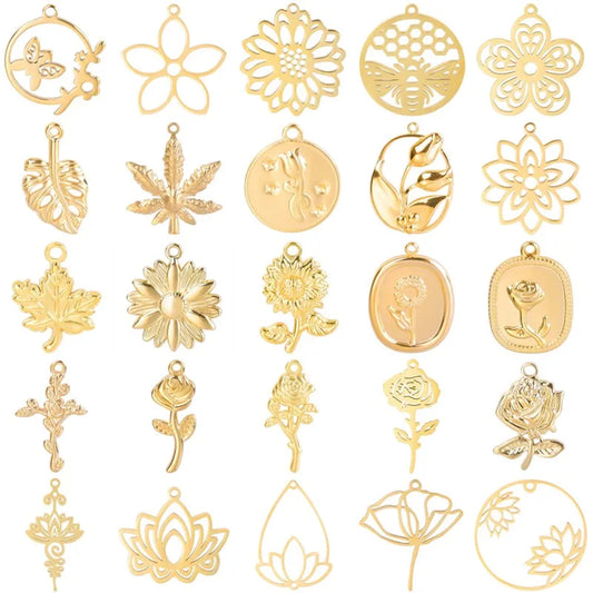 5pcs/Lot 18k Real Gold Plated Rose Lotus Bulk Charms For Jewelry Making Supplies DIY Sunflower Pendants Stainless Steel Charm