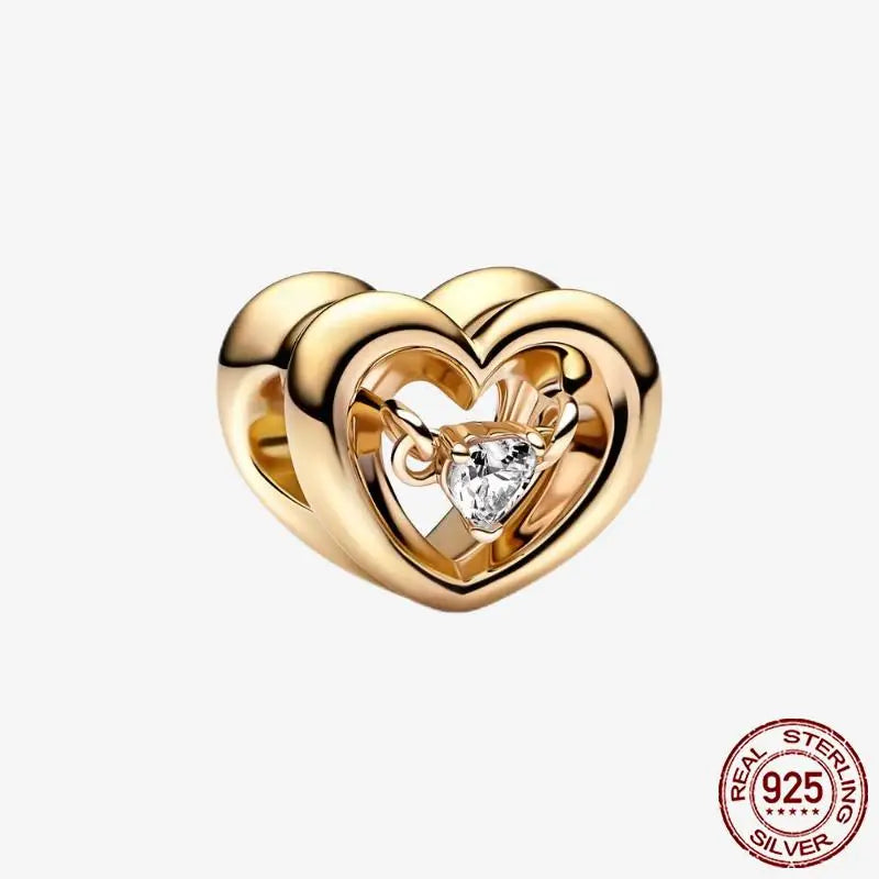 925 Sterling Silver Gold Heart Plated Dangle Charm for Original Bracelet Beads Jewelry DIY Birthday Gift for Women plata de ley