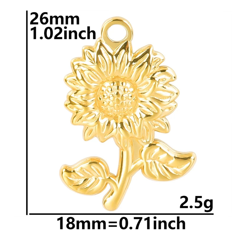 5pcs/Lot 18k Real Gold Plated Rose Lotus Bulk Charms For Jewelry Making Supplies DIY Sunflower Pendants Stainless Steel Charm