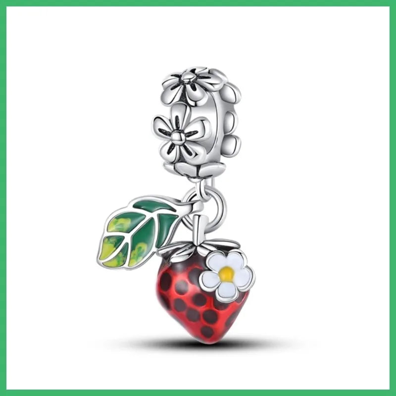 925 Sterling Silver  Strawberries,  Charms Pendant with Cubic Zirconia,Fit DIY bracelet necklace Gift for Her,Colgante Plata