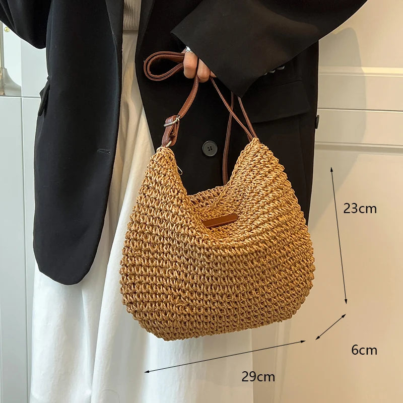 Casual Straw Woven Shoulder Bags For Women Wicker Handbags Handmade Summer Beach Bag Female Travel Large Capacity Rattan Totes