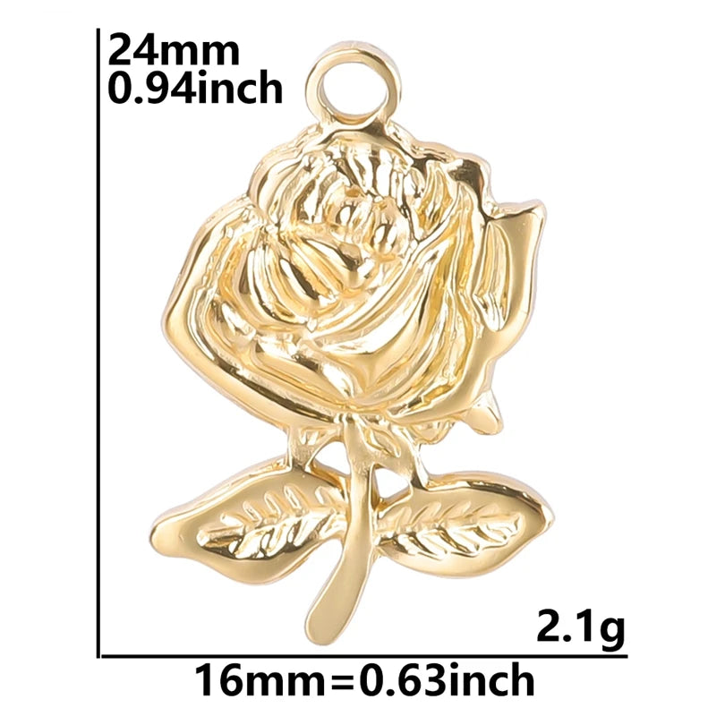 5pcs/Lot 18k Real Gold Plated Rose Lotus Bulk Charms For Jewelry Making Supplies DIY Sunflower Pendants Stainless Steel Charm