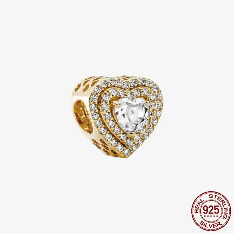 925 Sterling Silver Gold Heart Plated Dangle Charm for Original Bracelet Beads Jewelry DIY Birthday Gift for Women plata de ley
