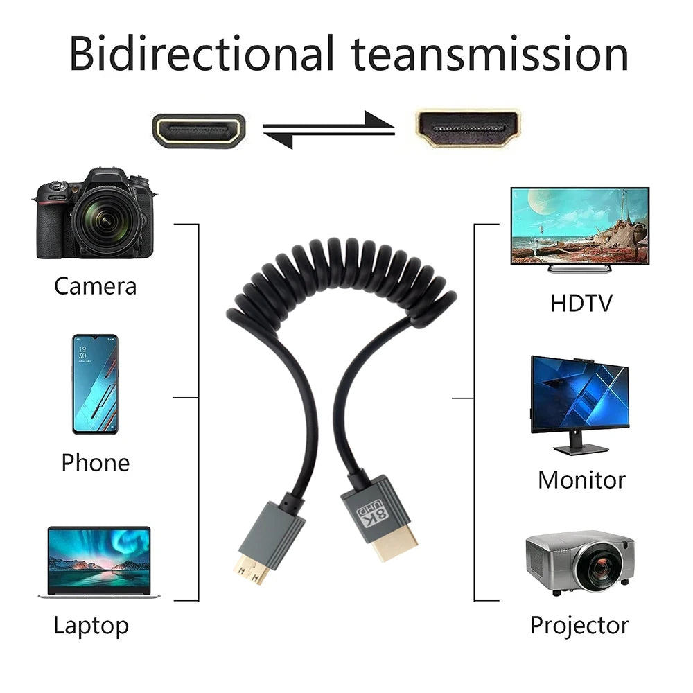 1M Portable 8K UHD Coiled Cable Mini/Micro HDMI-compatible Stretch Spring Cord for PC Laptop Tablet Camera DV Monitor HDTV